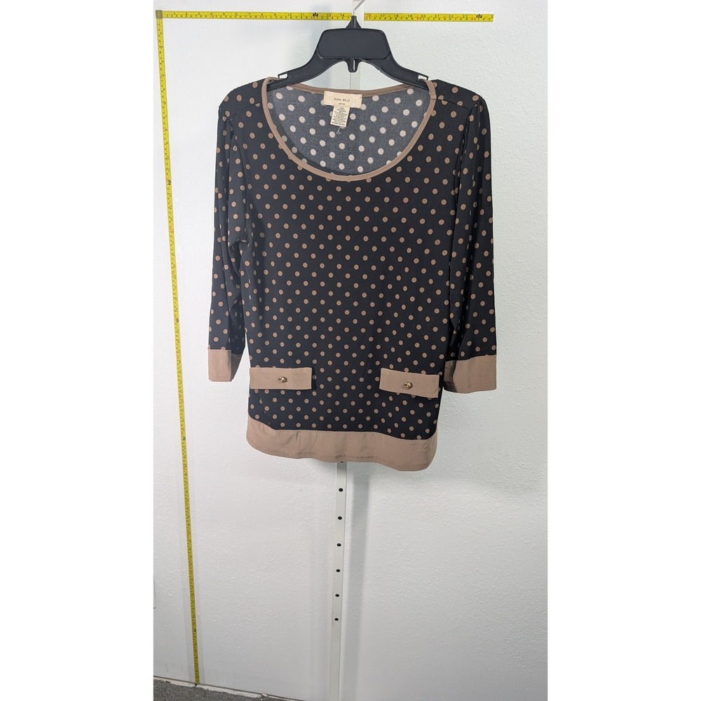 Diana Belle Petite PM Polka Dot 3/4 Sleeve Blouse Black Tan Faux Pockets